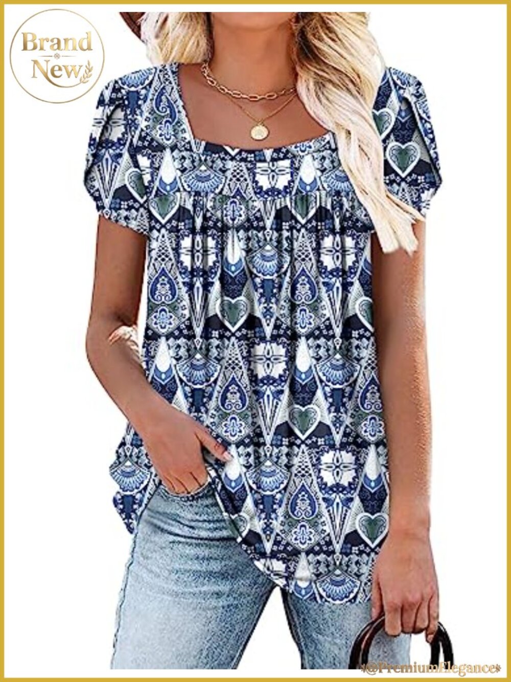Women's Short Sleeve Square Neck Pleated Ruffle Tunic Blouse
